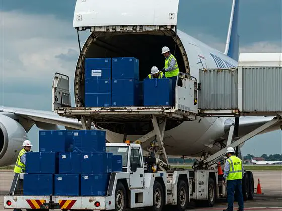 Cajas siendo cargadas en la bodega de un avión de carga