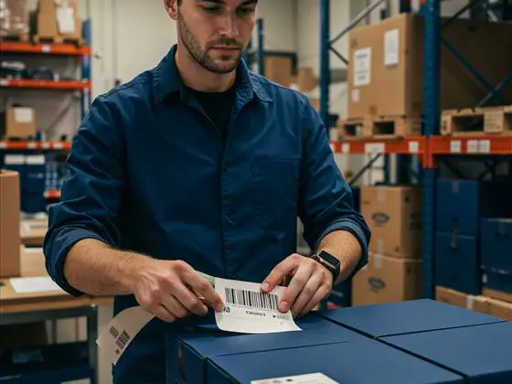 Operario etiquetando cajas para envío internacional