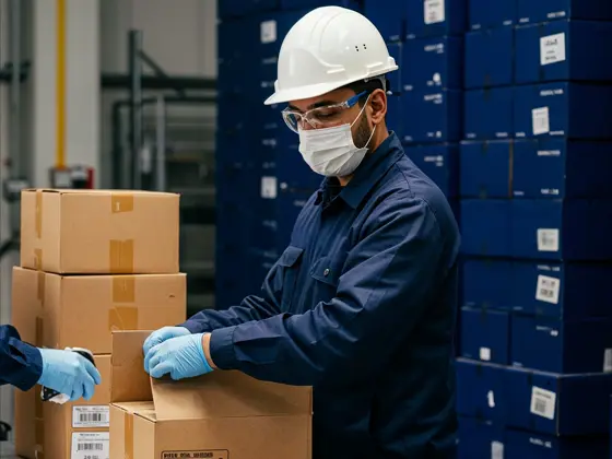 Operario empacando pedidos en un centro de distribución