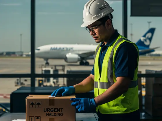 Operario con una caja marcada como urgente en la terminal aérea