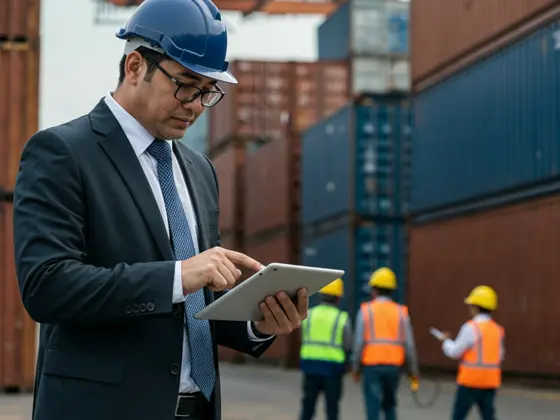 Ejecutivo revisando una tablet en un terminal de contenedores