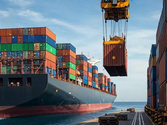 Barco portacontenedores siendo cargado en el puerto
