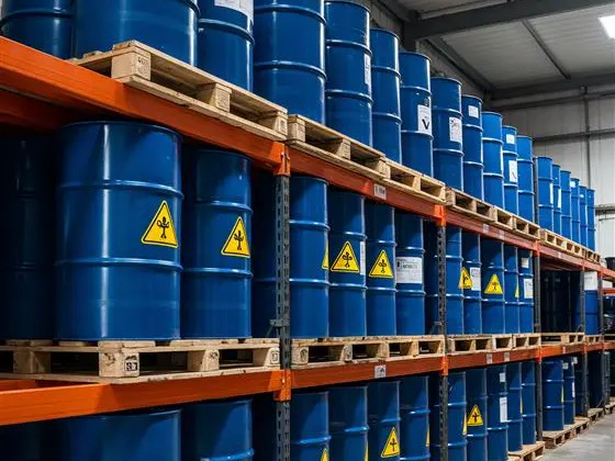 Bodega con tambores de carga peligrosa en estanterías
