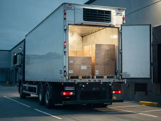 Camión refrigerado con la puerta trasera abierta